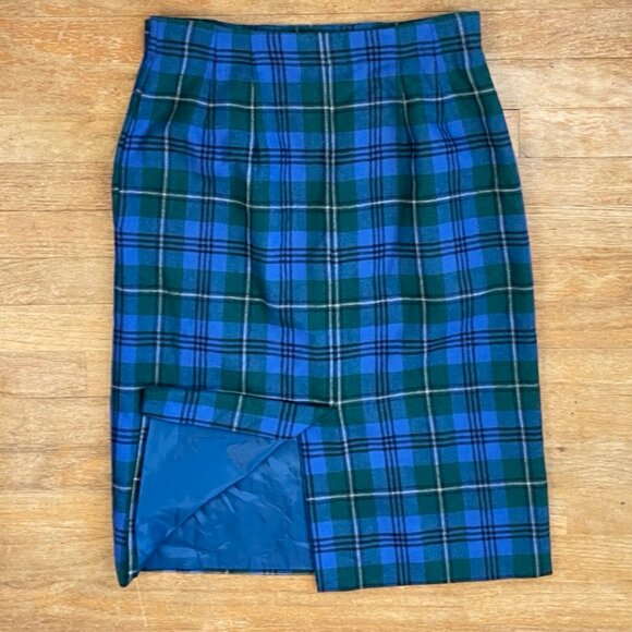 Vintage Wool Suit Set Size Medium 80s Blue Plaid Skirt & Cropped Jacket Plaid w - Picture 8 of 9